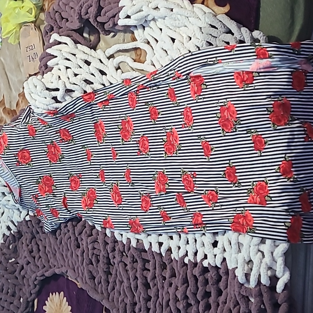 Long length, slit at the bottom, black and white stripped with roses print dress